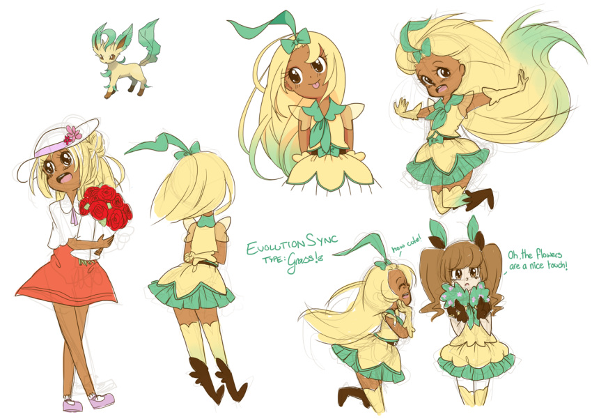2girls :o :p aroma_lady_(pokemon) blonde_hair boots bow brown_eyes brown_hair clara_(loony_bear) closed_eyes dark_skin dual_persona eevee eeveelution_project elbow_gloves english flower gloves gradient_hair green_hair hair_bow hanakawa_ran hat leafeon leafeon_(cosplay) long_hair loony_bear magical_girl multicolored_hair multiple_girls open_mouth original outstretched_arms pokemon pokemon_(creature) rose simple_background skirt standing thigh-highs tongue white_background zettai_ryouiki