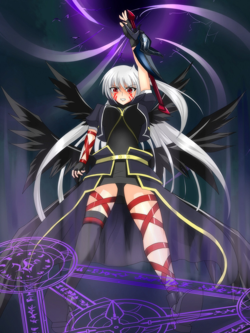 1girl angry asymmetrical_clothes black_legwear black_wings breasts clenched_teeth energy_ball facial_mark fingerless_gloves from_below gloves grey_eyes highres large_breasts long_hair lyrical_nanoha magic magic_circle mahou_shoujo_lyrical_nanoha mahou_shoujo_lyrical_nanoha_a's multiple_wings raised_hand red_eyes reinforce single_thighhigh skirt solo tears thigh_strap thighhighs wings wrist_straps you_(yousuke968)
