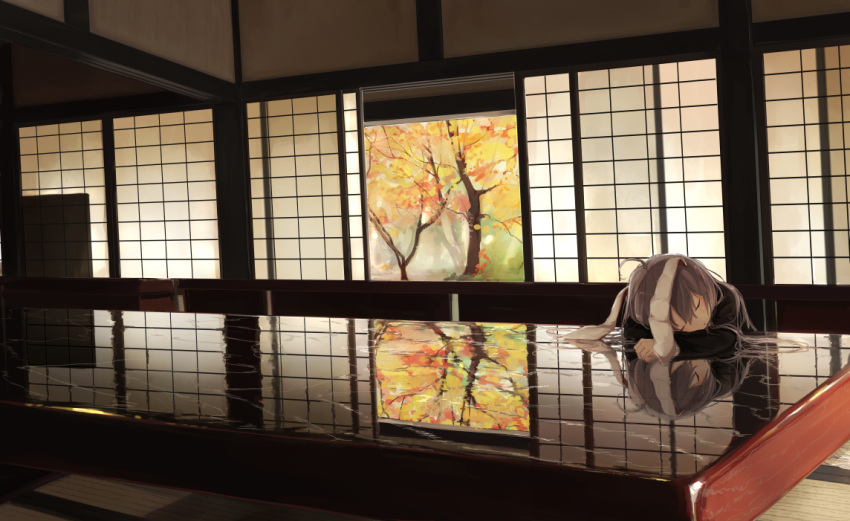 1girl animal_ears autumn autumn_leaves closed_eyes dress jacket long_hair long_sleeves open_dress rabbit_ears reflection reisen_udongein_inaba silver_hair sleeping solo table tatami touhou tree yushika