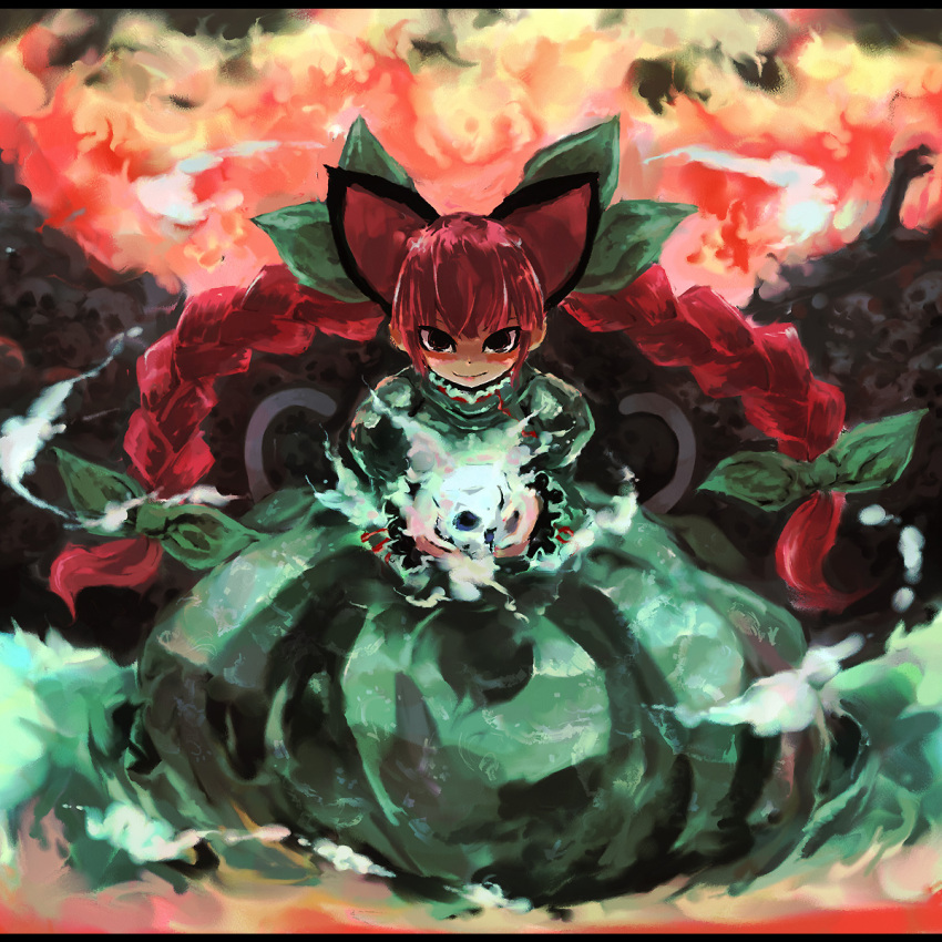 animal_ears ast blue_fire bone bow braid cat_ears cat_tail dress fire green_dress hair_bow highres kaenbyou_rin looking_at_viewer multiple_tails pile_of_skulls red_eyes redhead skull tail touhou twin_braids wisps