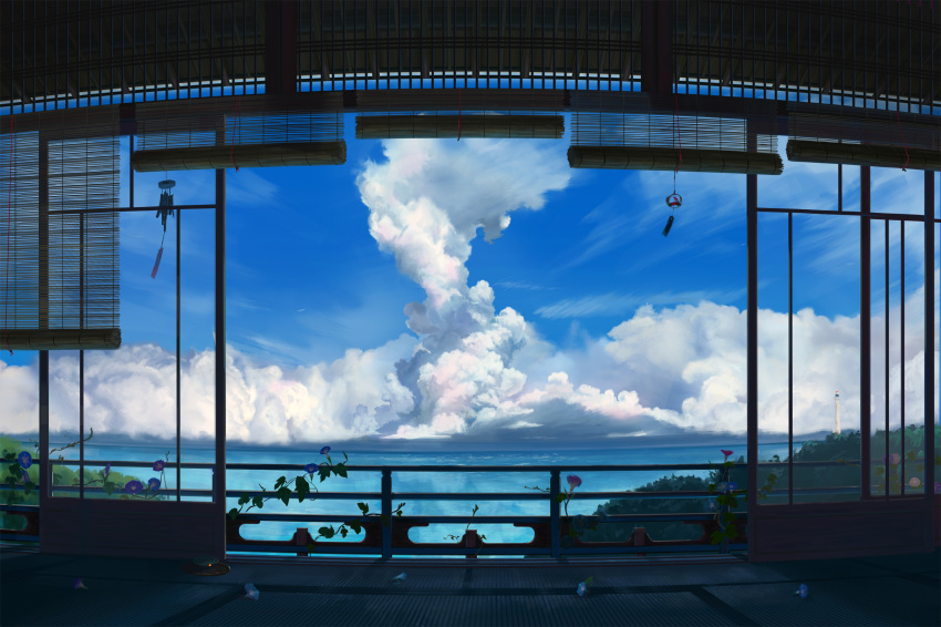 akibakeisena blue_sky building clouds flower highres landscape lighthouse morning_glory no_humans ocean original plant scenery shade sky water wind_chime