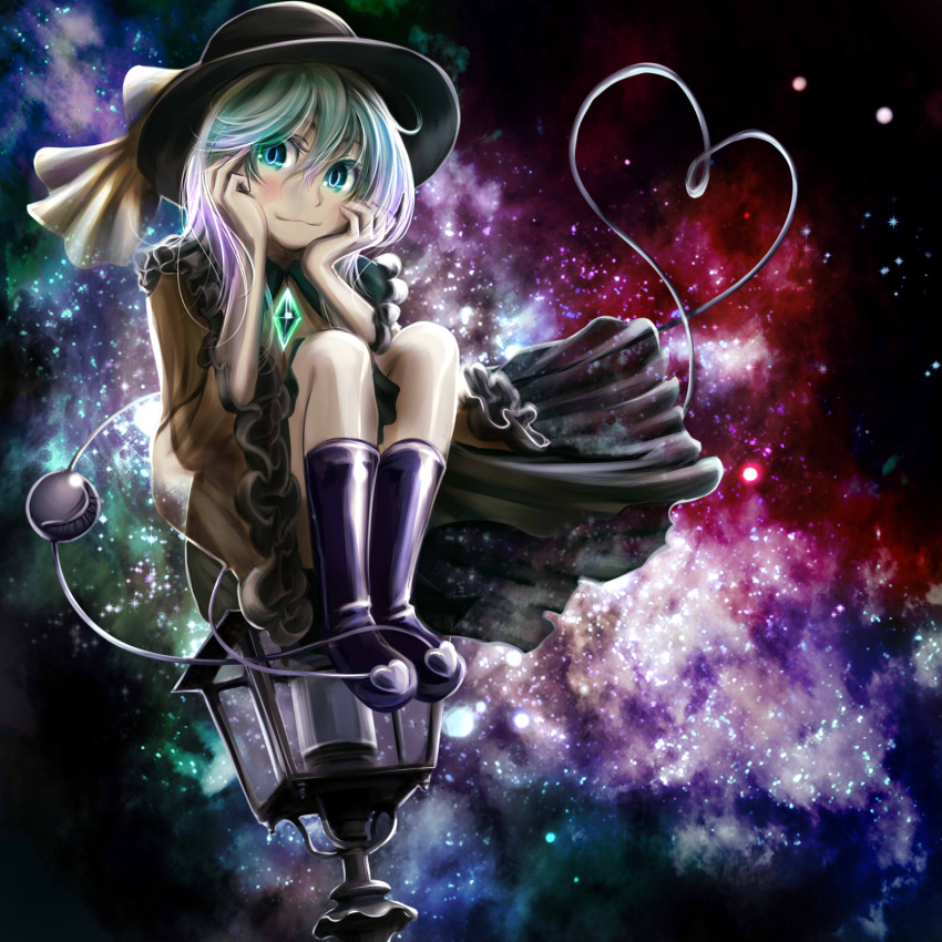 1girl closed_eyes dress eyeball frills gem green_eyes green_hair hat hat_ribbon heart heart_of_string highres komeiji_koishi kouji_oota lamppost looking_at_viewer purple_hair ribbon sitting solo space touhou translation_request