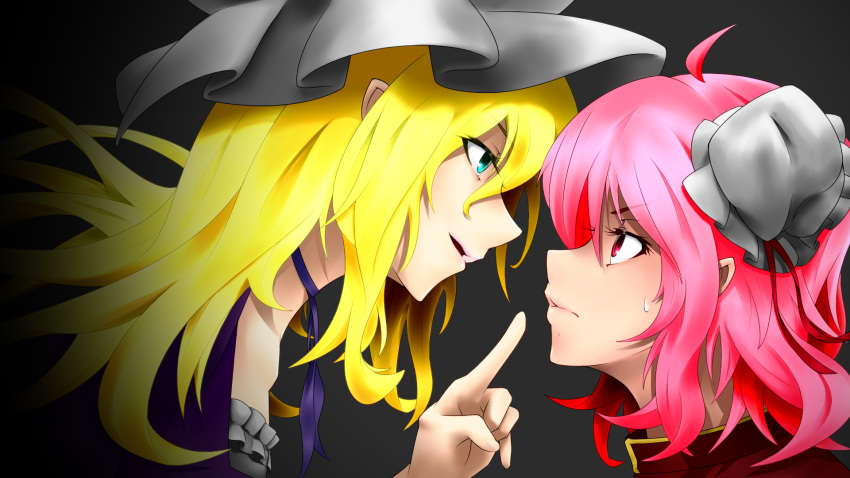 2girls ahoge blonde_hair blue_eyes eye_contact frown grey_background hair_bun highres ibaraki_kasen index_finger_raised long_hair looking_at_another mob_cap multiple_girls neck_ribbon parted_lips pink_eyes pink_hair pointy_ears ribbon short_hair sweatdrop touhou tsukidaruma yakumo_yukari