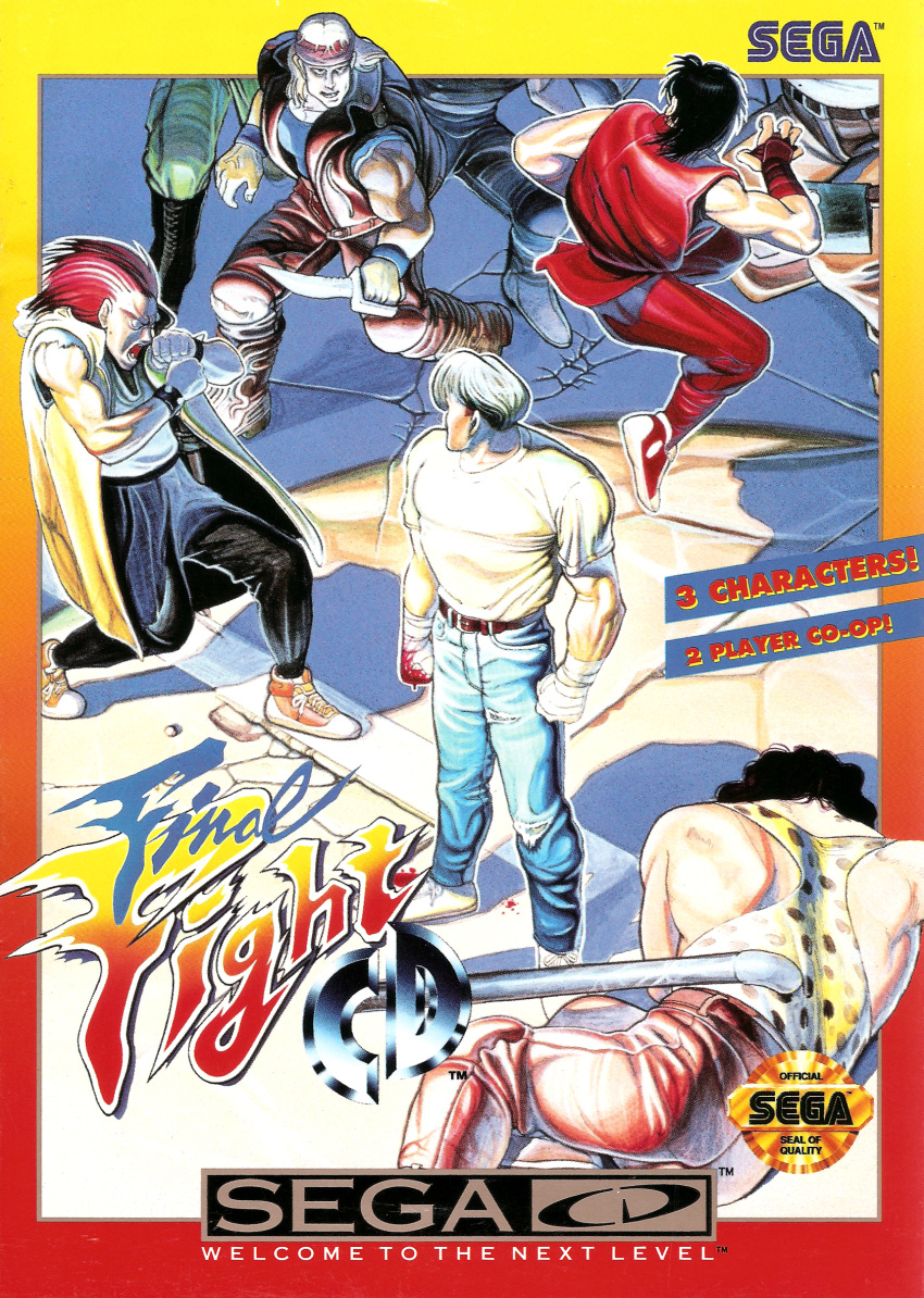 6+boys artist_request axl_(final_fight) belt blood boots cody_travers copyright_name cover english final_fight gai_(final_fight) game_cover highres hugo_andore jeans lead_pipe mad_gear male multiple_boys muscle official_art oldschool open_mouth scan sega sega_cd standing two_p