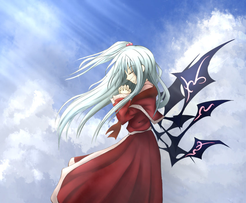 cloud clouds hair_bobbles hair_ornament hands_clasped long_hair nosada shinki side_ponytail silver_hair solo touhou wings