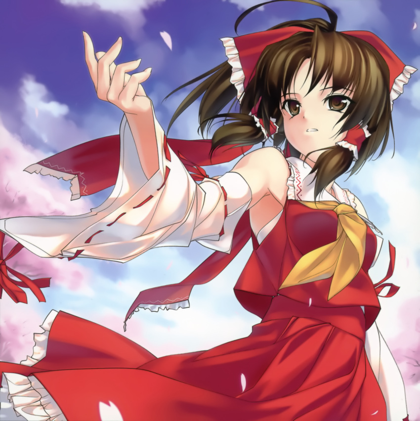 armpits brown_eyes brown_hair cherry_blossoms detached_sleeves foreshortening hakurei_reimu hands highres japanese_clothes miko petals rokuwata_tomoe solo touhou