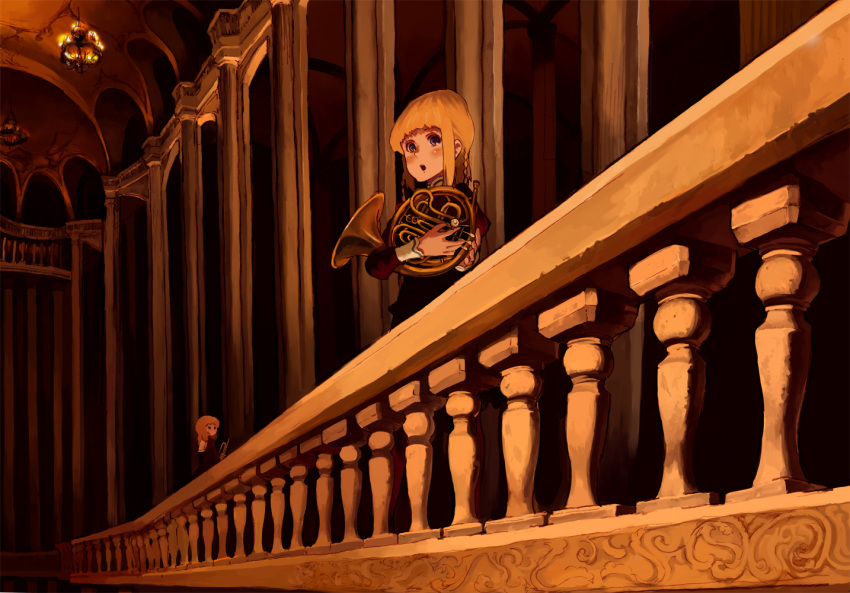 balcony blonde_hair blue_eyes blush braid chandelier french_horn instrument kacchuu long_hair multiple_girls music open_mouth payot twin_braids