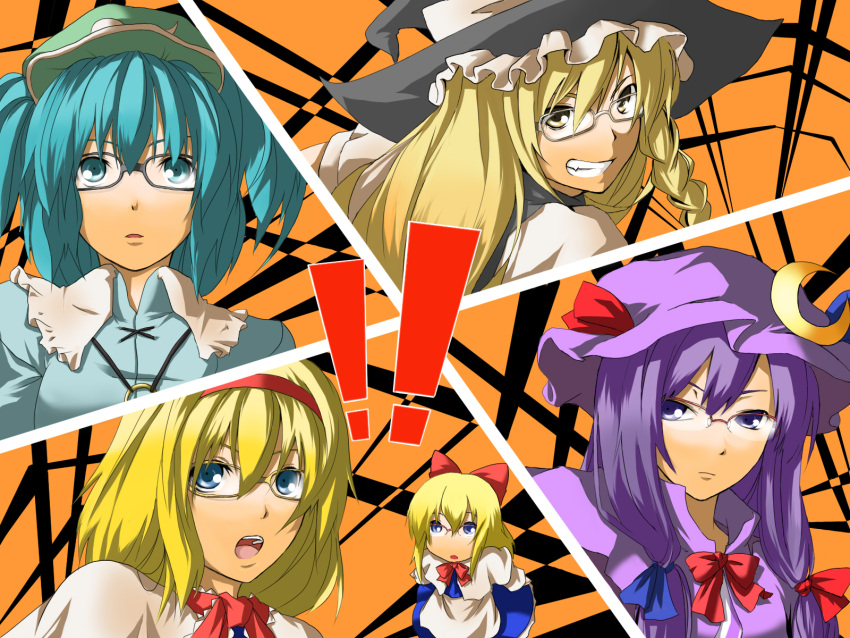 all-out_attack bad_id bespectacled blonde_hair blue_eyes blue_hair bow braid capelet doll fang glasses hair_bobbles hair_bow hair_ribbon hairband hat highres kawashiro_nitori kinsenka kirisame_marisa long_hair matching_shanghai parody patchouli_knowledge persona persona_4 purple_eyes purple_hair ribbon shanghai shanghai_doll short_hair touhou twintails violet_eyes witch_hat yellow_eyes