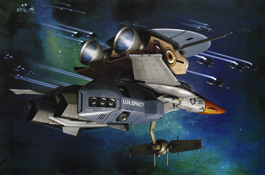 antenna hidetaka_tenjin highres macross macross:_do_you_remember_love? mecha official_art realistic space star tenjin_hidetaka ve-1 vf-1