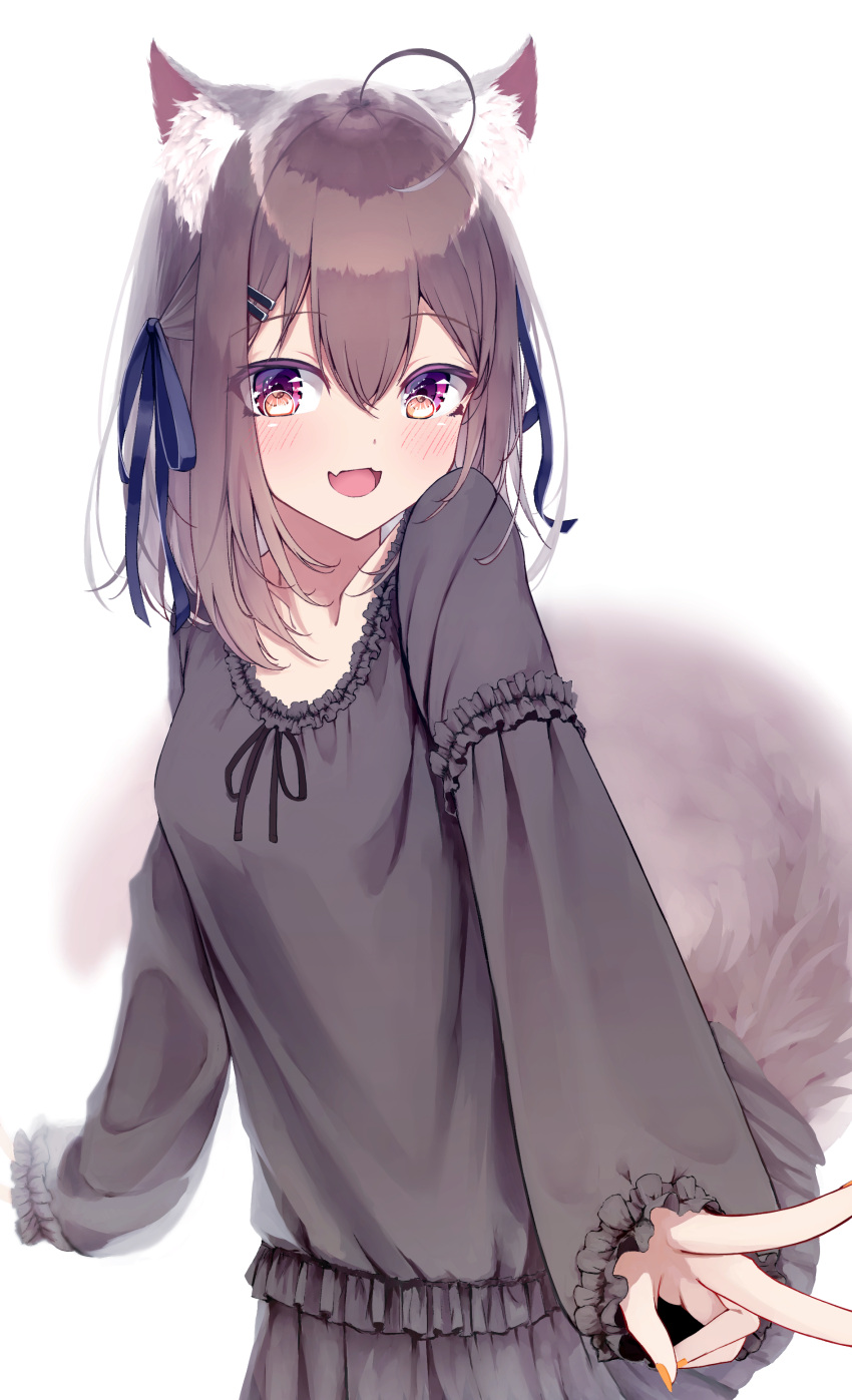 1girl :d absurdres ahoge animal_ear_fluff animal_ears bangs black_dress black_ribbon blurry blurry_background blush breasts commentary_request depth_of_field dress eyebrows_visible_through_hair fang fingernails fox_ears fox_girl fox_tail frilled_dress frills hair_between_eyes hair_ornament hair_ribbon hairclip highres long_sleeves looking_at_viewer mayogii nail_polish neck_ribbon open_mouth orange_nails original ribbon simple_background sleeves_past_wrists small_breasts smile solo tail v violet_eyes white_background