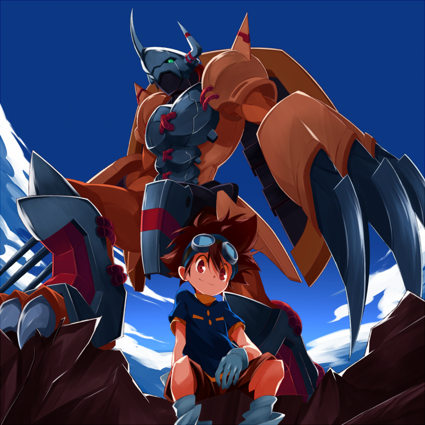 armor brown_eyes brown_hair claws clouds digimon digimon_adventure gauntlets gloves goggles goggles_on_head greaves green_eyes helmet highres horns mikan_digi monster redhead short_hair shorts shoulder_pads sky smile socks spikes wargreymon yagami_taichi
