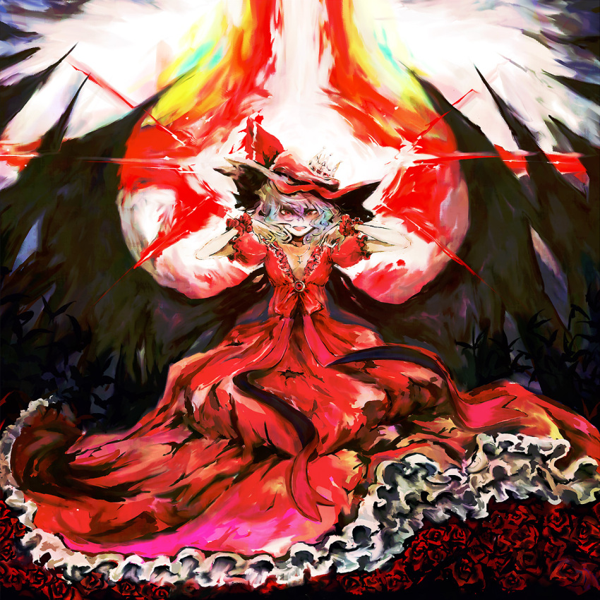 alternate_costume alternate_headwear ast bat bed_of_roses bow cross cross_necklace demon_wings dress fingernails flower frilled_dress frilled_sleeves frills hand_gesture hat hat_bow highres jewelry long_dress multicolored_hair nail_polish necklace puffy_short_sleeves puffy_sleeves red_dress red_eyes red_ribbon red_rose red_the_nightless_castle remilia_scarlet ribbon rose short_sleeves spell spell_card touhou wings wrist_cuffs