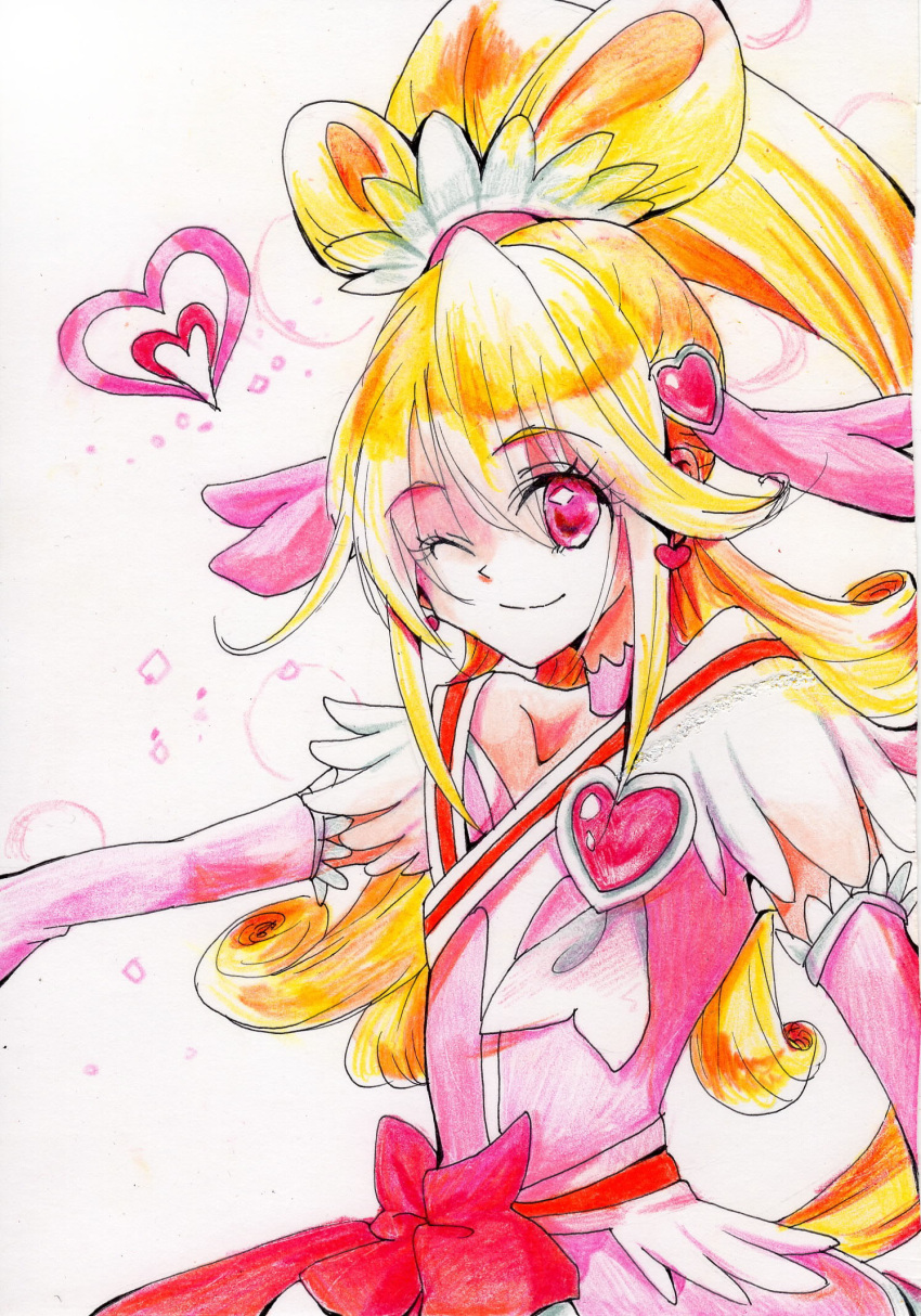 1girl aida_mana ballpoint_pen_(medium) blonde_hair colored_pencil_(medium) cure_heart dokidoki!_precure half_updo heart highres long_hair maruta_roko outstretched_arm pink_eyes ponytail precure smile solo traditional_media wink