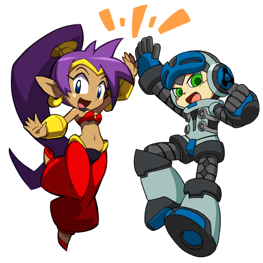 1boy 1girl beck_(mighty_no._9) company_connection crossover dark_skin earrings green_eyes hair_tubes harem_pants high_five highres hoop_earrings jewelry long_hair midriff mighty_no._9 official_art pointy_ears ponytail purple_hair robot shantae shantae_(character) tiara transparent_background very_long_hair yabe_makoto