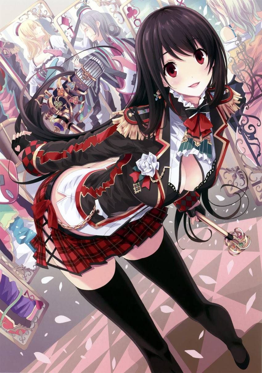 1girl absurdres ascot bent_over black_gloves black_hair black_legwear breasts card cleavage earrings fingerless_gloves flower gloves highres jewelry long_hair looking_at_viewer microphone microphone_stand mikoto_akemi plaid plaid_skirt playing_card pleated_skirt red_eyes scan skirt smile solo thighhighs very_long_hair