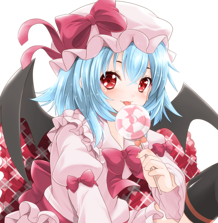 1girl bat_wings blue_hair bow candy fang hat hat_ribbon highres juliet_sleeves knee_up licking lollipop long_sleeves looking_at_viewer mob_cap pillow puffy_sleeves red_eyes remilia_scarlet ribbon sash shadow short_hair simple_background sinnosuke skirt skirt_set solo swirl_lollipop thighhighs tongue tongue_out touhou white_background wings
