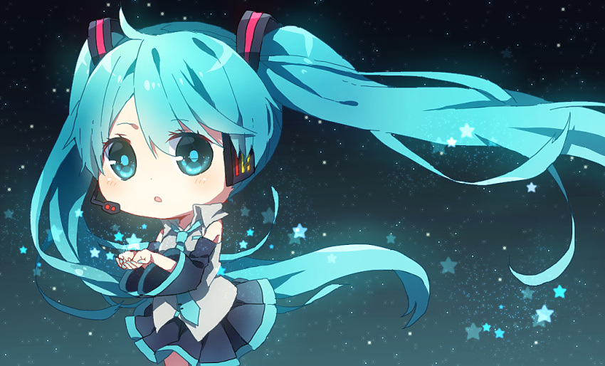 1girl aqua_eyes aqua_hair chibi detached_sleeves hatsune_miku headset long_hair necktie skirt solo star twintails very_long_hair vocaloid yuya_kyoro