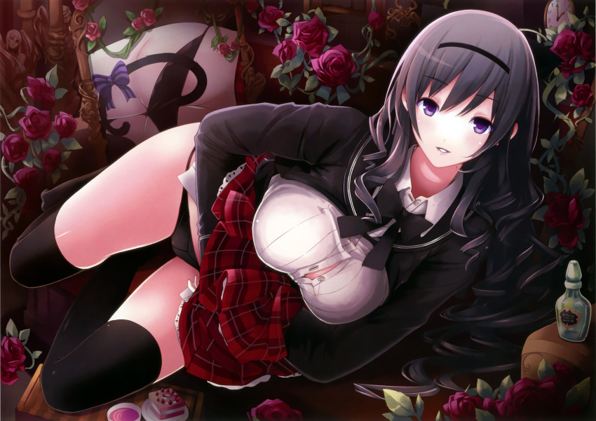 1girl ass black_hair black_legwear black_panties bowtie butt_crack cake cat_tail curly_hair flower food hairband highres long_hair looking_at_viewer lying mikoto_akemi on_side panties plaid plaid_skirt pleated_skirt reflection rose scan skirt skirt_lift smile solo tail tail_bow thighhighs unbuttoned underwear violet_eyes