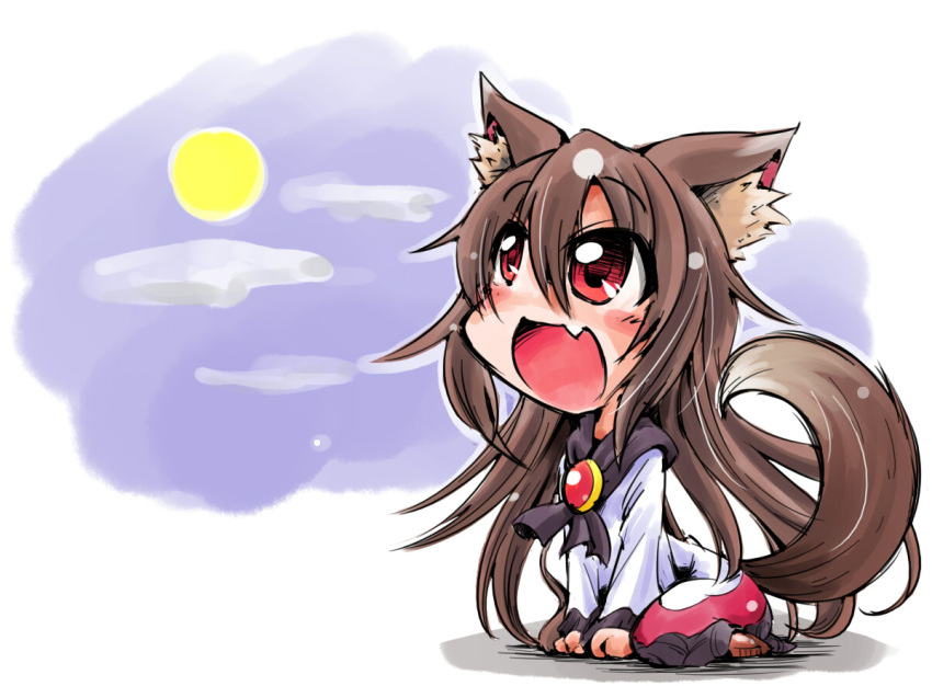 1girl animal_ears brooch brown_hair chibi clouds fang full_moon howling imaizumi_kagerou jewelry long_hair long_sleeves moon open_mouth red_eyes shinapuu shirt sitting skirt sky smile solo tail touhou very_long_hair wariza wide_sleeves wolf_ears wolf_tail