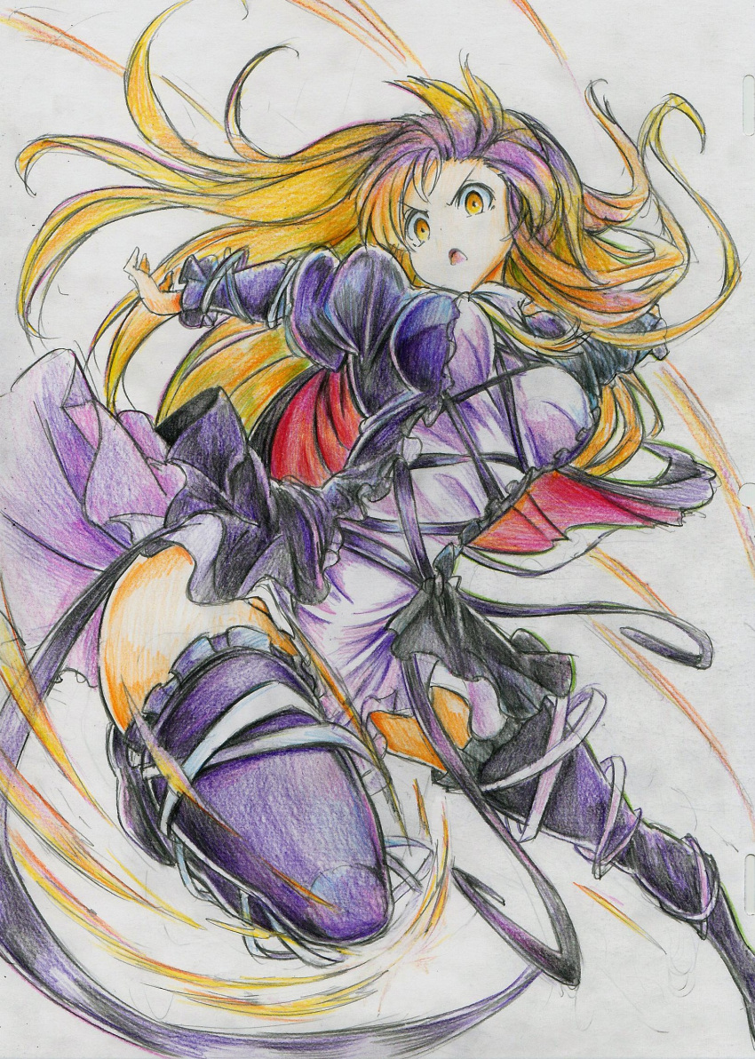 1girl breasts cape colored_pencil_(medium) cross-laced_clothes dress gradient_hair highres hips kitazinger large_breasts long_hair multicolored_hair solo thighhighs touhou traditional_media