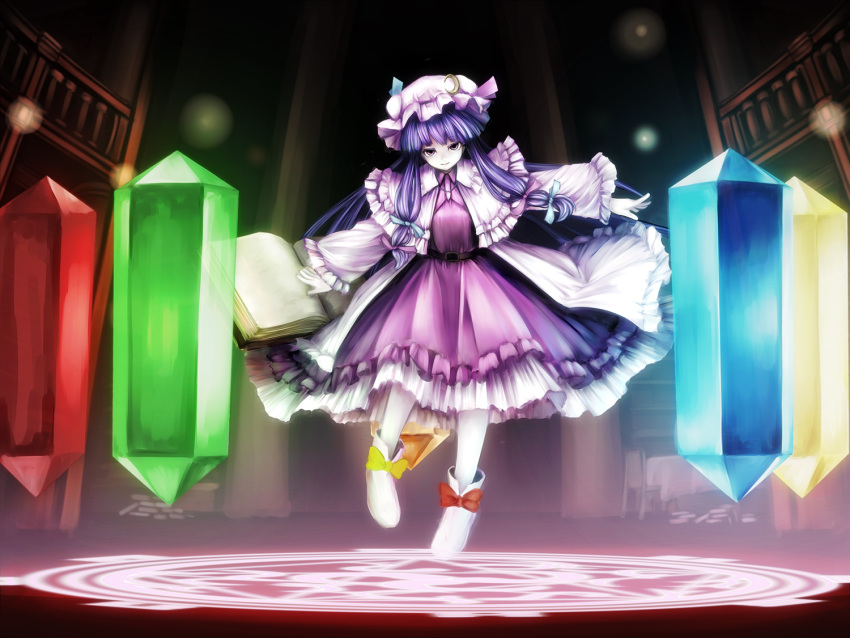 1girl book bow crescent dress floating floating_book floating_object frills glowing hat long_hair magic_circle nishi_masakazu open_book outstretched_arms patchouli_knowledge philosopher's_stone purple_hair ribbon shoe_ribbon shoes smile solo touhou violet_eyes