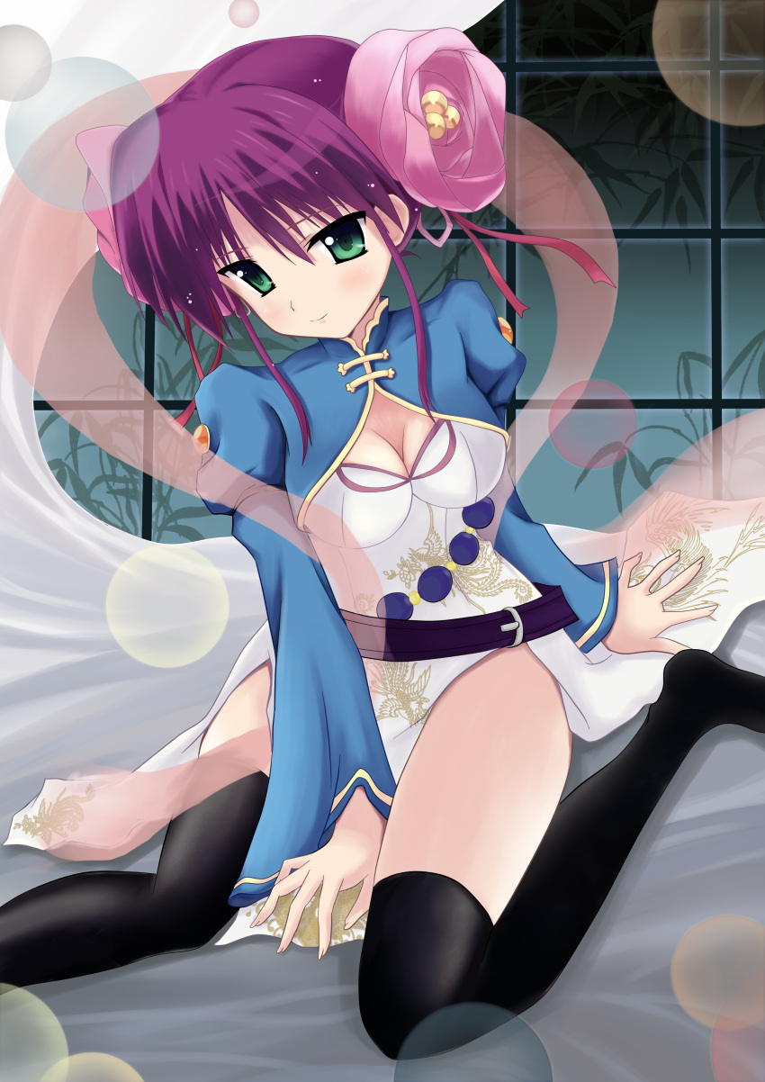 1girl absurdres black_legwear breasts character_request chinese_clothes cleavage green_eyes guhua67 highres long_sleeves purple_hair sitting tagme thighhighs wariza window