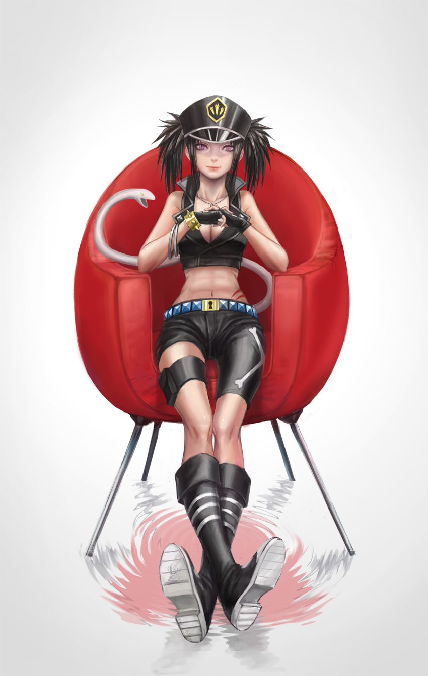 1girl armchair bangle beros black_gloves black_hair blood_lad boots bracelet breasts chair cleavage collarbone crossed_legs_(sitting) fingerless_gloves gloves hands_together hat highres jewelry lips looking_at_viewer midriff navel necklace peaked_cap sitting smile snake_tail solo tattoo thigh_strap twintails violet_eyes zhouran