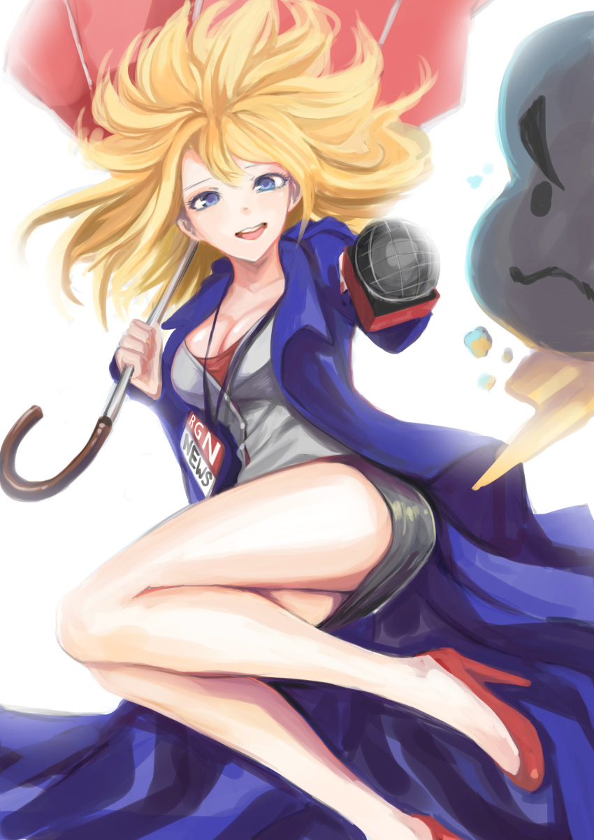 1girl absurdres alternate_costume blonde_hair blue_eyes breasts casual cleavage clouds coat devildogs high_heels highres janna_windforce league_of_legends legs looking_at_viewer microphone simple_background skirt solo umbrella white_background