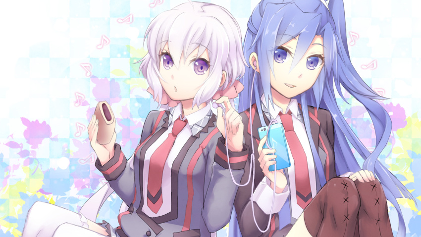 2girls blue_eyes blue_hair kazanari_tsubasa long_hair mp3 multiple_girls necktie open_mouth sabu school_uniform senki_zesshou_symphogear side_ponytail silver_hair violet_eyes yukine_chris