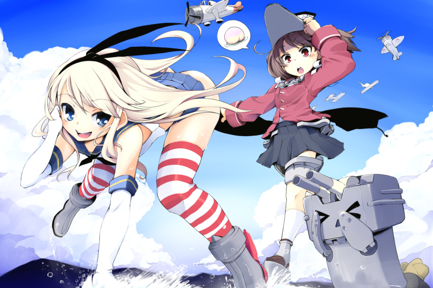 &gt;_&lt; 2girls airplane black_panties blonde_hair blue_eyes brown_eyes brown_hair clouds elbow_gloves food fruit gloves hairband highres kantai_collection long_hair momo_(higanbana_and_girl) multiple_girls open_mouth panties peach personification rensouhou-chan ryuujou_(kantai_collection) shimakaze_(kantai_collection) sky speech_bubble striped striped_legwear thighhighs twintails underwear visor_cap white_gloves