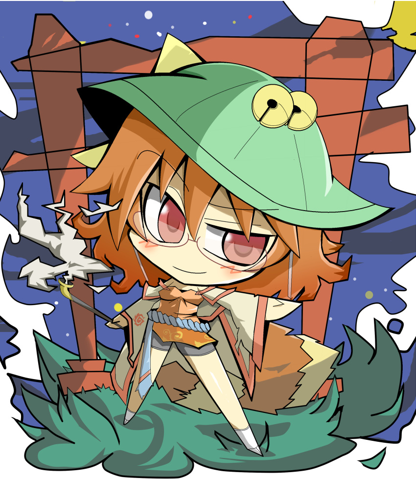 1girl absurdres alternate_costume bell brown_eyes brown_hair chibi futatsuiwa_mamizou glasses hat highres hiro_(hiro0529) kiseru leaf leaf_on_head pipe raccoon_tail shorts sky smile smoke star_(sky) starry_sky tail torii touhou wide_sleeves