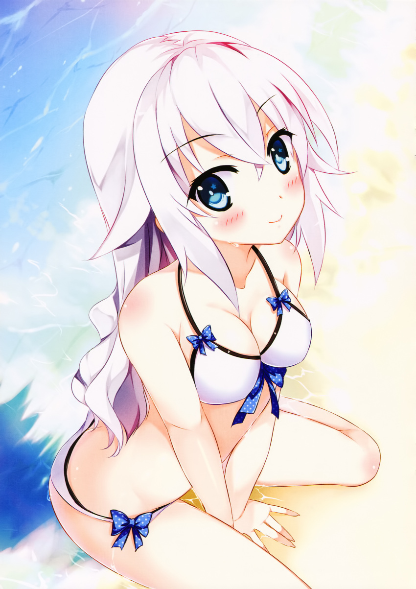 1girl beach bikini black_heart blue_eyes blush breasts choujigen_game_neptune cleavage highres kaho_okashii ocean sand scan sitting smile swimsuit wariza white_bikini white_hair white_swimsuit