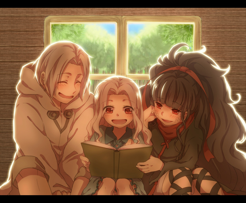 1boy 2girls azami_(kagerou_project) black_hair book closed_eyes dress family father_and_daughter highres hoodie husband_and_wife kagerou_project long_hair mother_and_daughter multiple_girls red_eyes shion_(kagerou_project) short_hair smile tsukihiko_(kagerou_project) unomi_(makiron910) very_long_hair white_hair