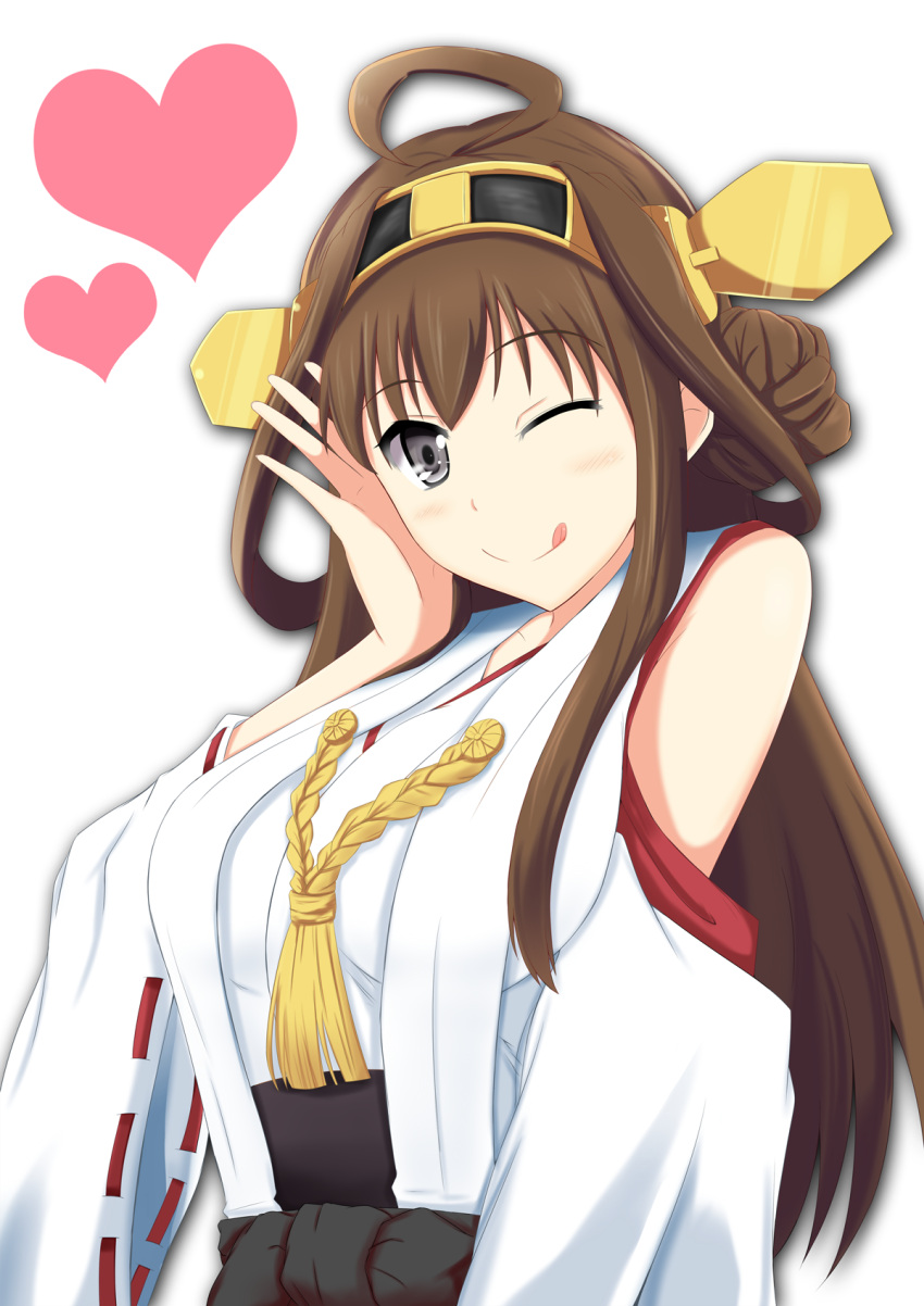 1girl bare_shoulders blush brown_eyes brown_hair detached_sleeves double_bun heart highres kantai_collection kongou_(kantai_collection) long_hair nontraditional_miko shigure-p solo tongue tongue_out wink