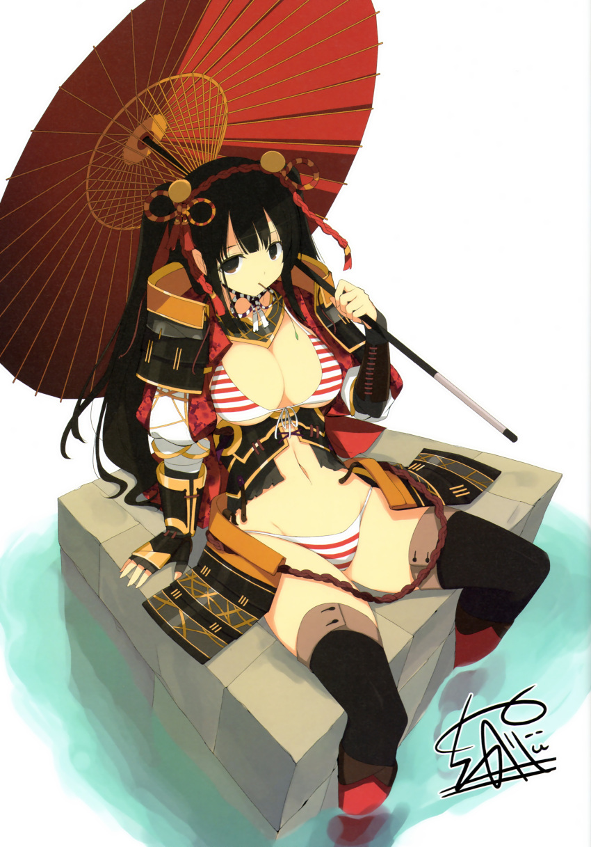 1girl absurdres arm_support armor bikini black_gloves black_hair black_legwear breasts brown_eyes cleavage feet_in_water fingerless_gloves front-tie_top gloves hair_ornament highres large_breasts leaning_back long_hair mouth_hold navel oriental_umbrella scan signature sitting soaking_feet sode solo striped striped_bikini striped_swimsuit swimsuit thighhighs two_side_up umbrella water yaegashi_nan