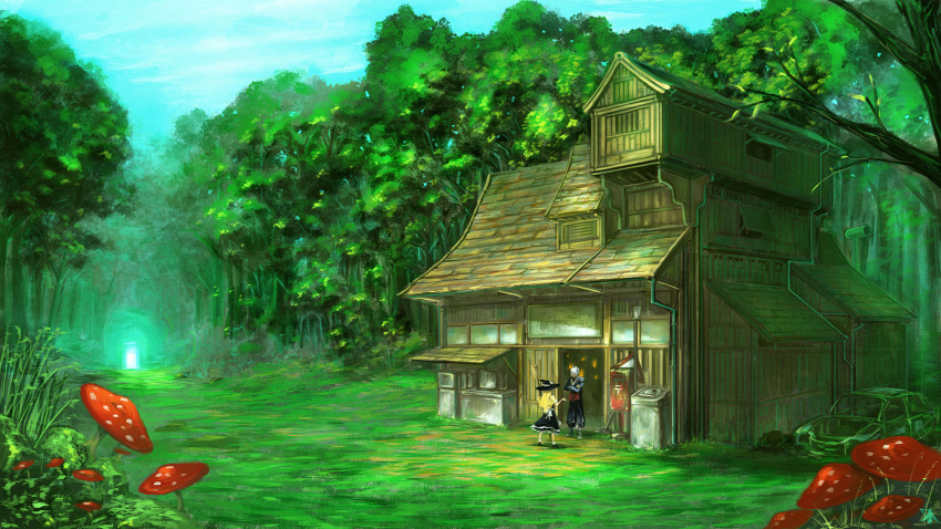 1boy 1girl arm_up blonde_hair broom crossed_arms drainpipe east_asian_architecture forest grass hat highres japanese_clothes kirisame_marisa kourindou morichika_rinnosuke mushroom nature postbox rat1989 skirt skirt_set touhou white_hair witch_hat