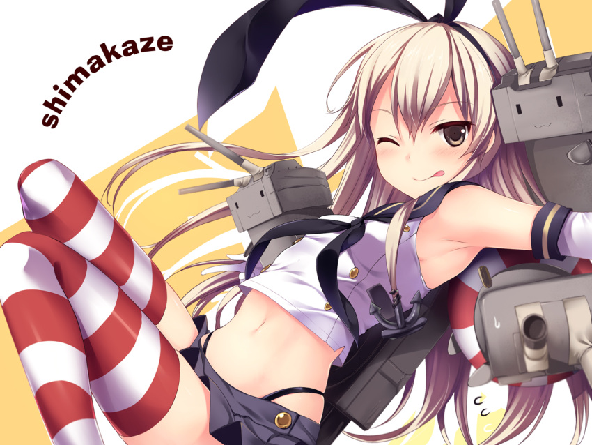 1girl ;q anchor black_panties blonde_hair elbow_gloves gloves hair_ornament hairband itou_nanami kantai_collection long_hair looking_at_viewer panties personification rensouhou-chan shimakaze_(kantai_collection) striped striped_legwear sweatdrop thighhighs tongue underwear white_gloves wink