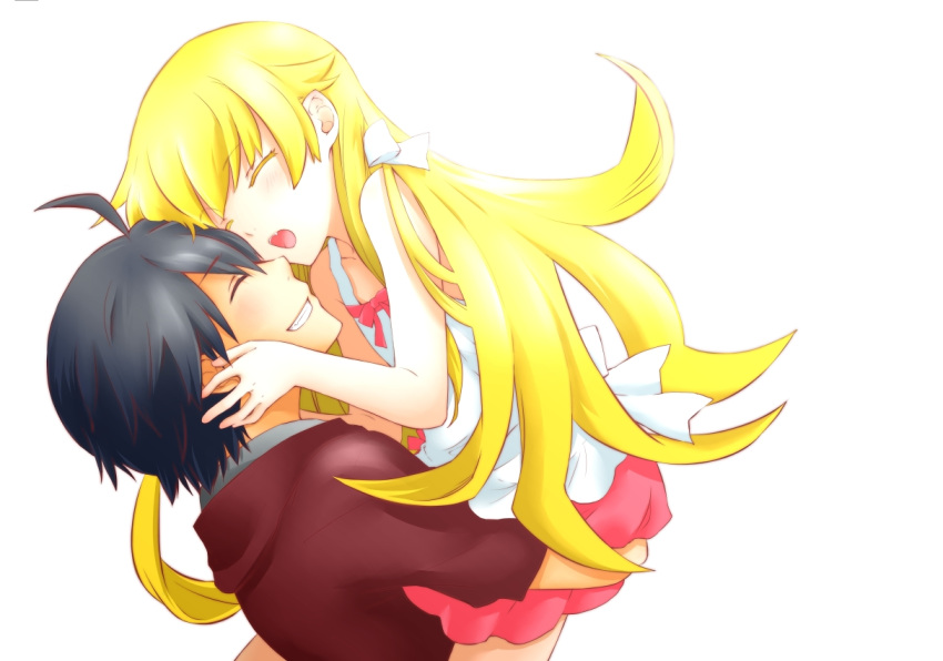 1boy 1girl araragi_koyomi black_hair blonde_hair carrying closed_eyes long_hair monogatari_(series) nisemonogatari oshino_shinobu pointy_ears short_hair towako