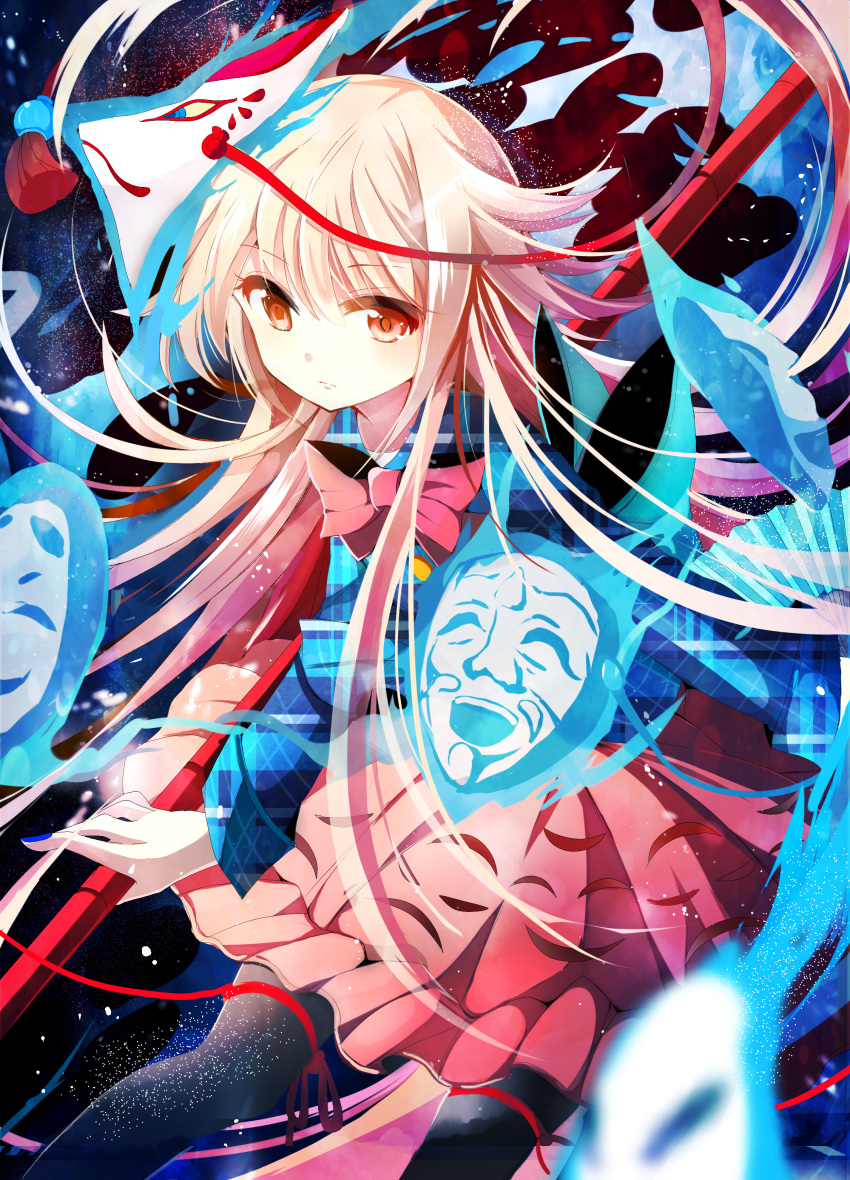 1girl absurdres bamboo bow expressionless face_mask fan fox_mask fumiko_(miruyuana) hata_no_kokoro highres long_hair long_sleeves looking_at_viewer mask oni_mask pink_eyes pink_hair shirt skirt solo staff touhou very_long_hair wide_sleeves