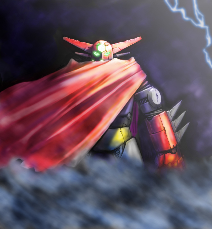 arm_blade artist_request black_clouds cape getter-1 getter_robo glowing glowing_eyes highres lightning mecha no_humans smoke solo weapon