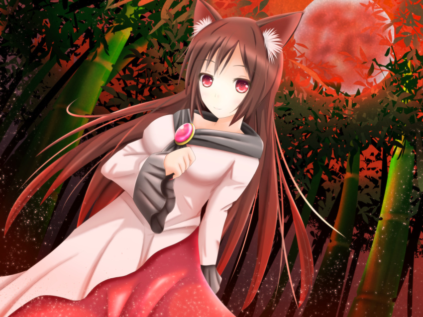 1girl animal_ears bamboo bamboo_forest breasts brooch brown_hair deeshima dutch_angle forest frilled_sleeves full_moon hand_on_own_chest imaizumi_kagerou jewelry layered_dress light_particles light_smile long_hair long_sleeves looking_at_viewer moon nature red_eyes red_moon red_sky sky solo touhou wolf_ears