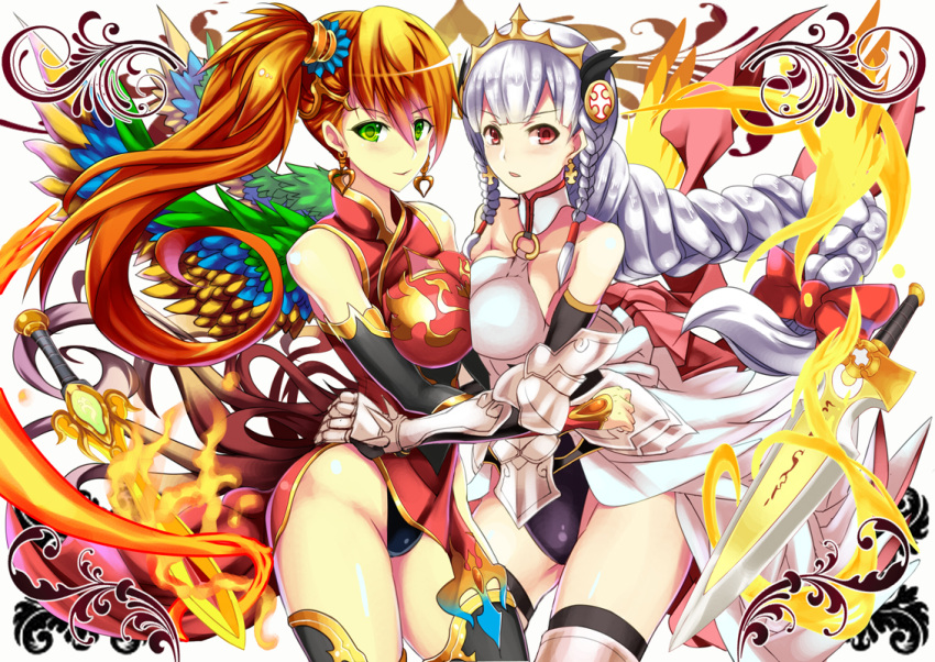 2girls blush braid breast_press china_dress chinese_clothes earrings elbow_gloves fire gloves green_eyes jewelry leiran_(p&amp;d) long_hair multiple_girls puzzle_&amp;_dragons red_eyes redhead side_ponytail silver_hair sword symmetrical_docking thighhighs valkyrie_(p&amp;d) weapon wings yuu_(asaiyuji)