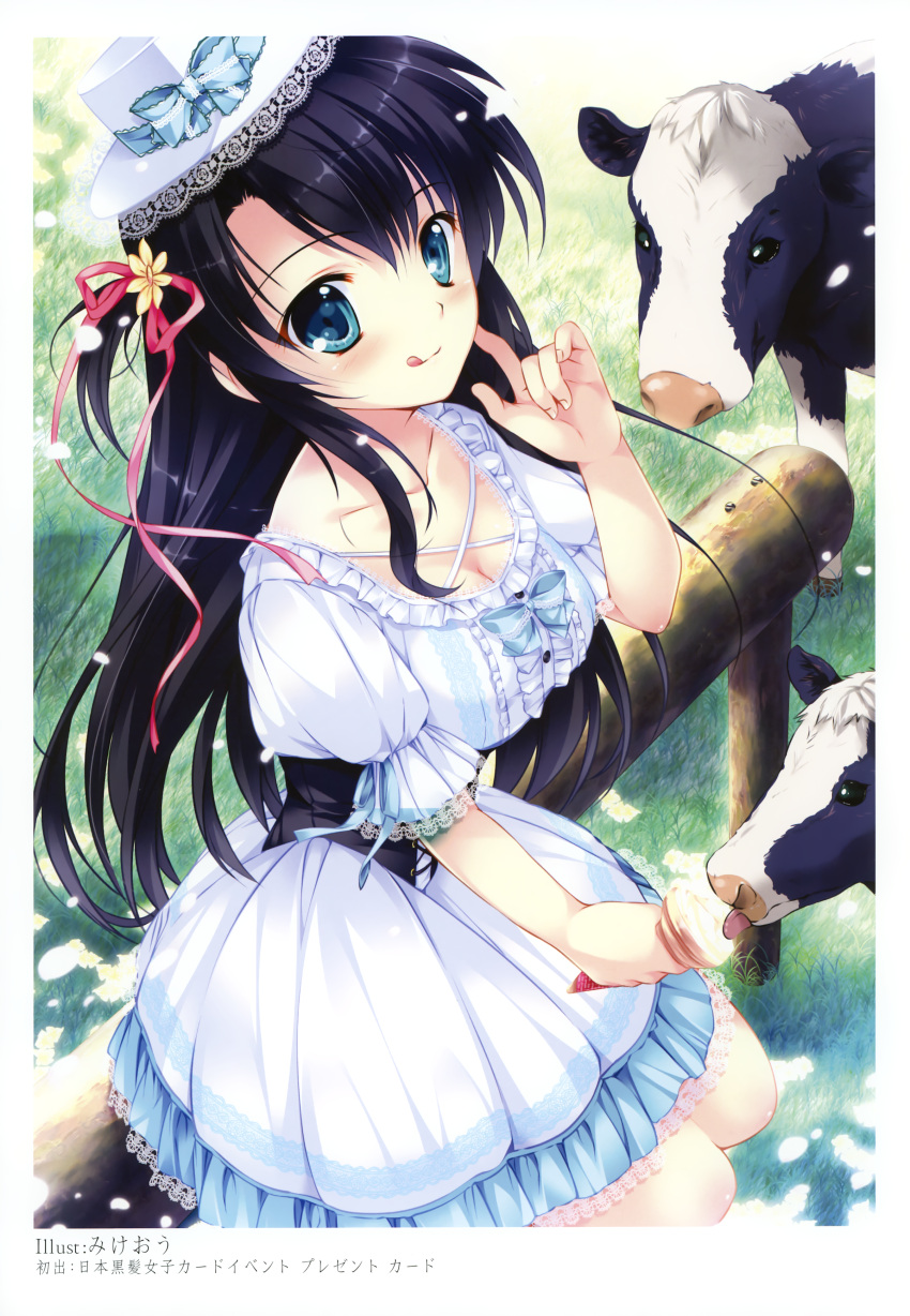 1girl ;q absurdres black_hair blue_eyes breasts cleavage cow dress food grass hat highres ice_cream licking mikeou mini_top_hat tagme tongue top_hat wink