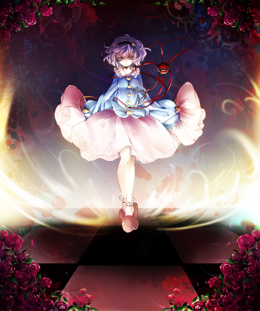 1girl ankle_socks aura blouse checkered checkered_floor feet_together floating flower gradient gradient_background hands_in_sleeves headband heart highres komeiji_satori lavender_eyes lavender_hair leaf legs_together light looking_at_viewer red_rose rose shironeko_(dondonmi) short_hair skirt slippers solo third_eye touhou wind_lift