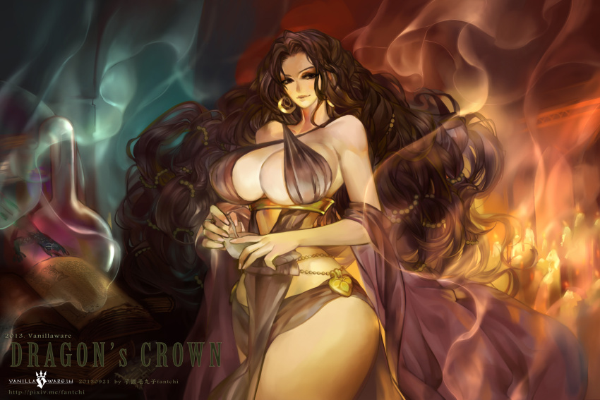 1girl bare_shoulders brown_eyes brown_hair dragon's_crown earrings fantchi highres jewelry long_hair looking_at_viewer morgan_rizilia smile solo thick_thighs thighs very_long_hair