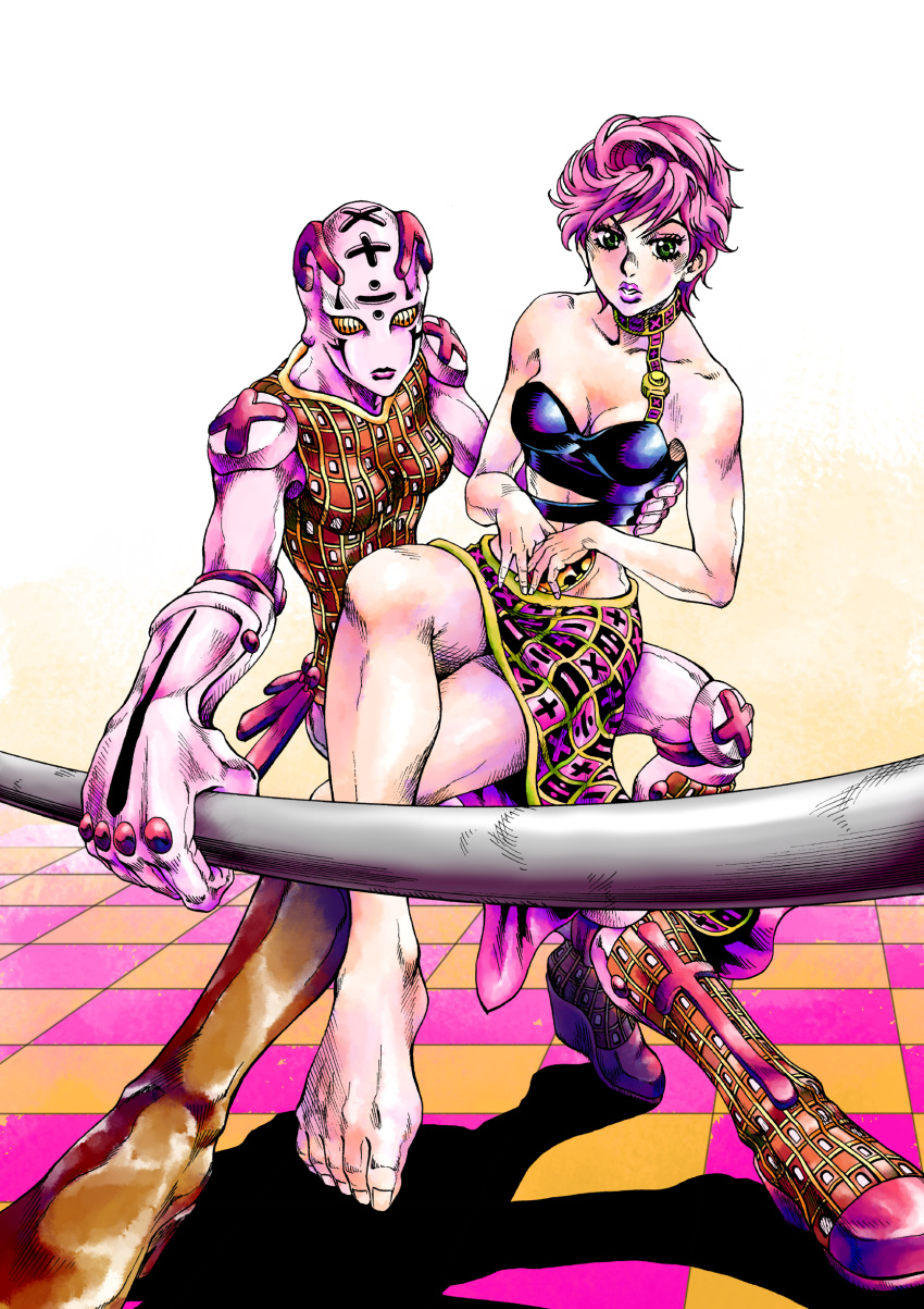 2girls absurdres barefoot green_eyes highres jojo_no_kimyou_na_bouken midriff multiple_girls official_style pink_hair short_hair skirt spice_girl_(stand) stand_(jojo) taro9999 trish_una