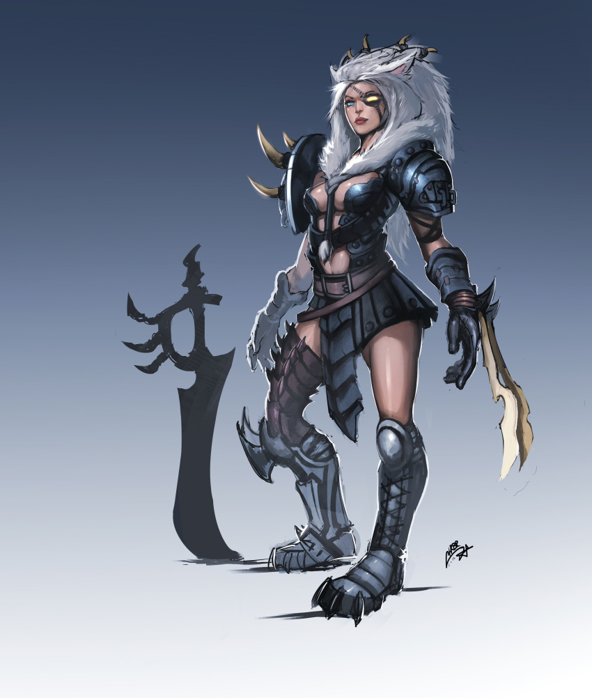 1girl absurdres animal_ears arm_blade armor belt blue_eyes boots breasts chrbr eyepatch faulds full_body genderswap glowing glowing_eye greaves highres league_of_legends light_smile lips long_hair mismatched_legwear nose pauldrons personification realistic rengar scar simple_background single_thighhigh spikes sword thigh-highs weapon white_hair