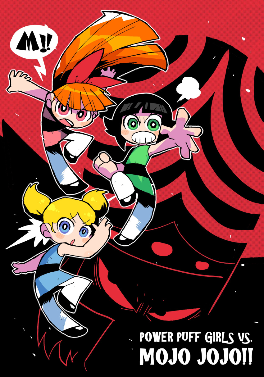 1boy 3girls absurdres black_hair blonde_hair blossom_(ppg) blue_eyes bow brown_hair bubbles_(ppg) buttercup_(ppg) character_name green_eyes hair_bow helmet highres long_hair looking_at_viewer mojo_jojo monkey_boy multiple_girls open_mouth pantyhose pink_eyes powerpuff_girls rariatto_(ganguri) red_background short_hair simple_background sleeveless twintails white_legwear