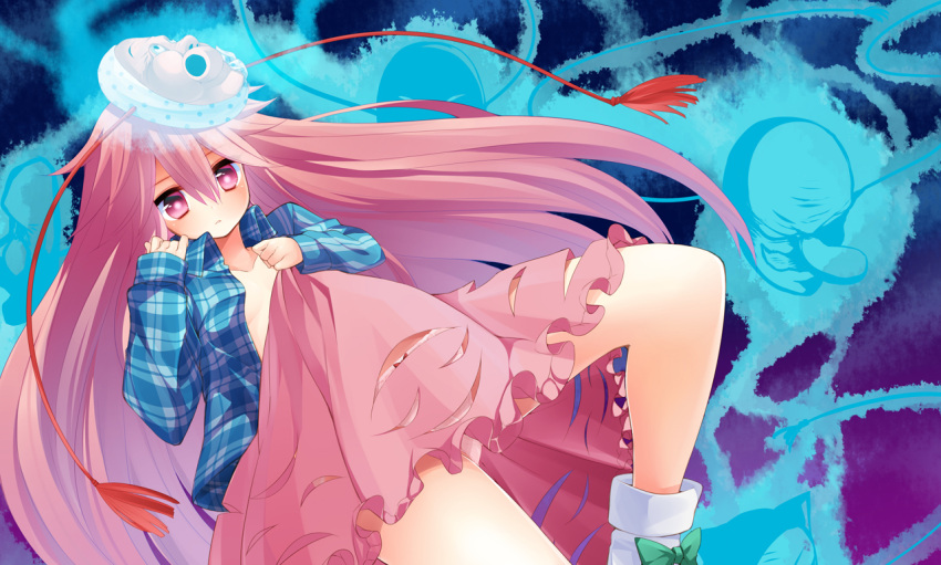 1girl bow collarbone expressionless face_mask hata_no_kokoro long_hair long_sleeves looking_at_viewer mask nigo_(aozoragarou) open_clothes open_shirt panties pink_eyes pink_hair shirt skirt skirt_lift solo touhou underwear very_long_hair white_panties wide_sleeves