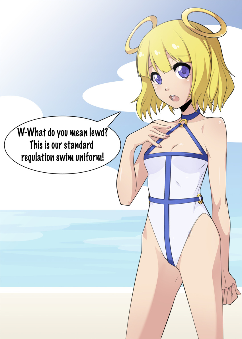 1girl bare_shoulders blonde_hair choker english fearless_night halo halterneck highres looking_at_viewer nail_polish ocean one-piece_swimsuit short_hair small_breasts solo speech_bubble spikewible swimsuit uri_(fearless_night) violet_eyes